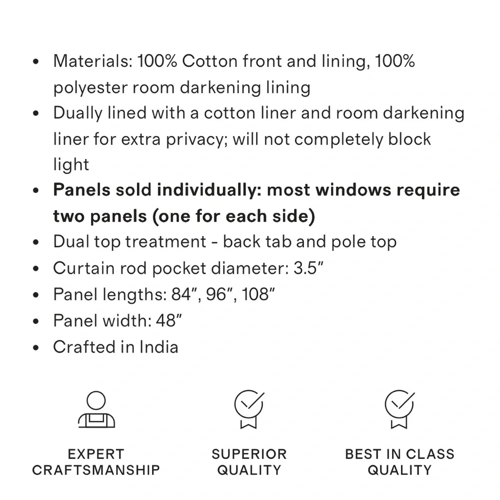 NWOT QUINCE 48x108 Cotton Slub Room Darkening Curtain White 8520